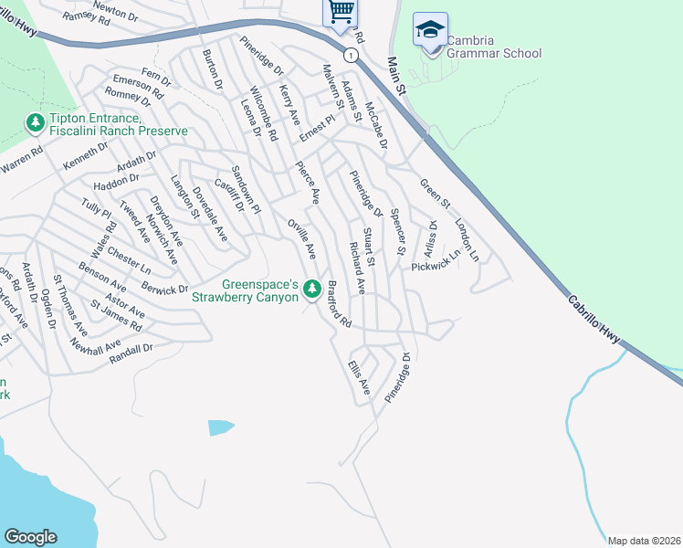 map of restaurants, bars, coffee shops, grocery stores, and more near 1603 Pierce Avenue in Cambria