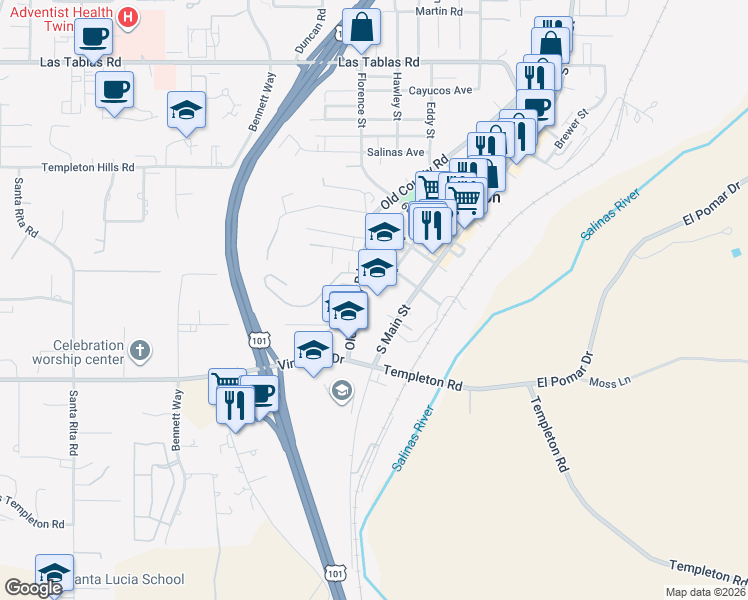 map of restaurants, bars, coffee shops, grocery stores, and more near 925 Old County Road in Templeton