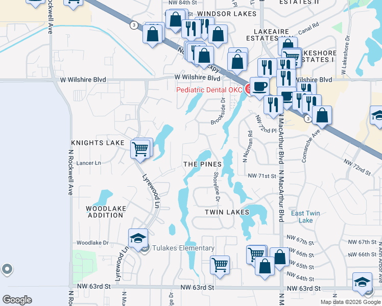 map of restaurants, bars, coffee shops, grocery stores, and more near 6401 Ellen Lane in Oklahoma City