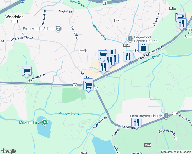 map of restaurants, bars, coffee shops, grocery stores, and more near 945 Smoky Park Highway in Candler