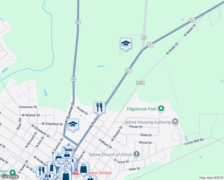 map of restaurants, bars, coffee shops, grocery stores, and more near 1005 North Pollock Street in Selma