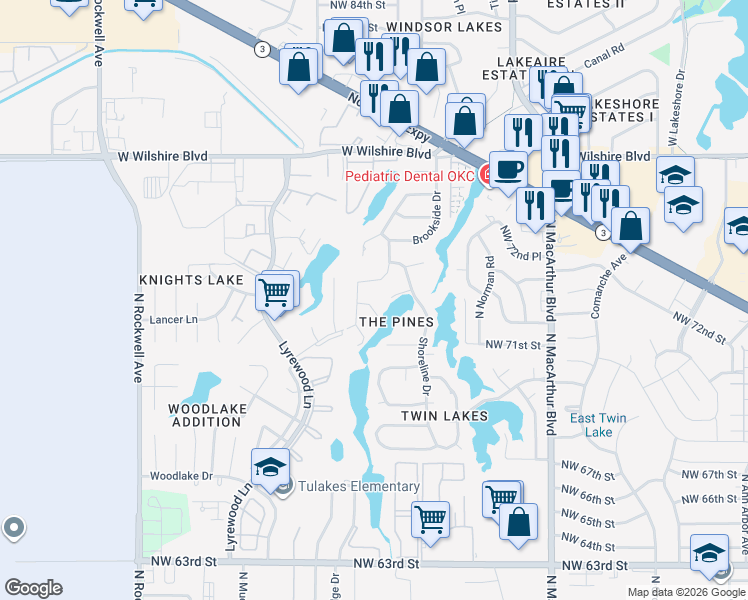 map of restaurants, bars, coffee shops, grocery stores, and more near 6401 Ellen Lane in Oklahoma City