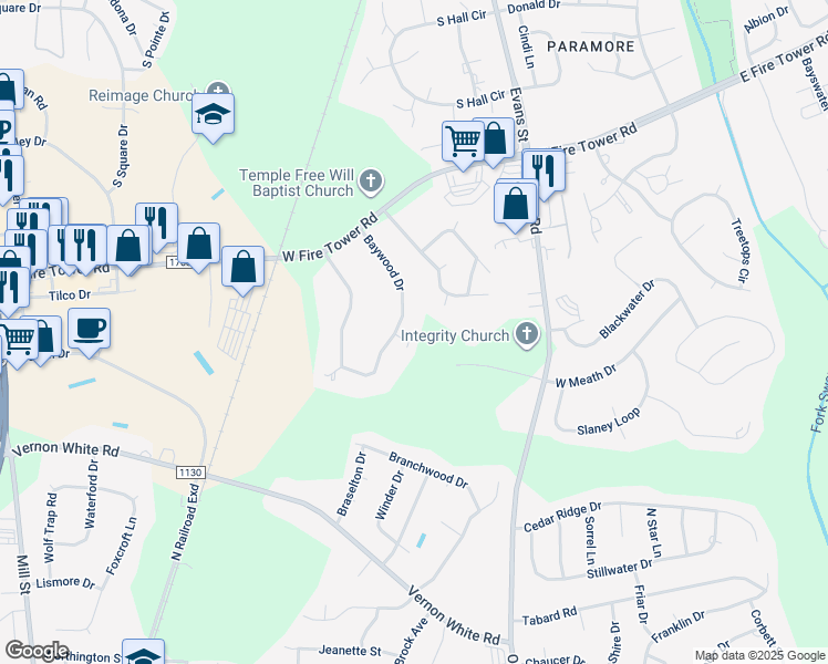 map of restaurants, bars, coffee shops, grocery stores, and more near 492 Baywood Drive in Winterville