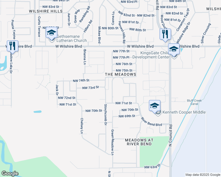 map of restaurants, bars, coffee shops, grocery stores, and more near 7312 Stinchcomb Drive in Oklahoma City
