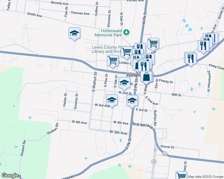 map of restaurants, bars, coffee shops, grocery stores, and more near 205 South Oak Street in Hohenwald