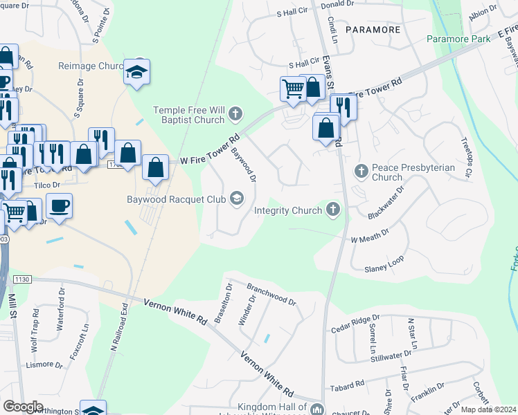 map of restaurants, bars, coffee shops, grocery stores, and more near 492 Baywood Drive in Winterville