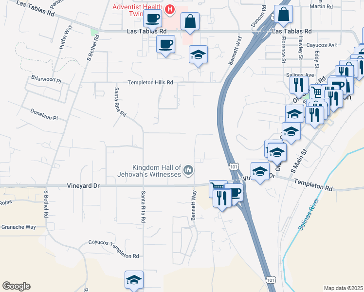 map of restaurants, bars, coffee shops, grocery stores, and more near 2 Bennett Way in Templeton