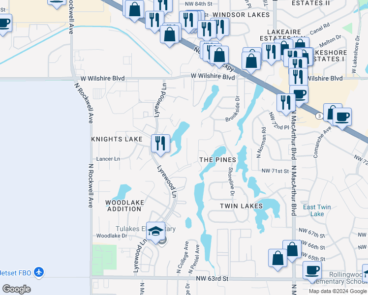 map of restaurants, bars, coffee shops, grocery stores, and more near 7210 Lakewood Circle in Oklahoma City