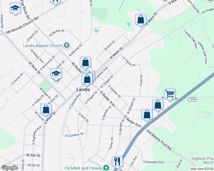 map of restaurants, bars, coffee shops, grocery stores, and more near 113 North Correll Street in Landis