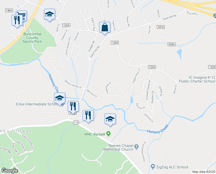 map of restaurants, bars, coffee shops, grocery stores, and more near 2103 Hyde Park Drive in Asheville
