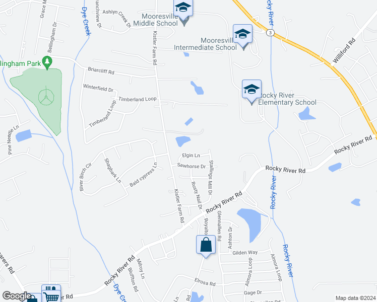 map of restaurants, bars, coffee shops, grocery stores, and more near 123 Elgin Lane in Mooresville