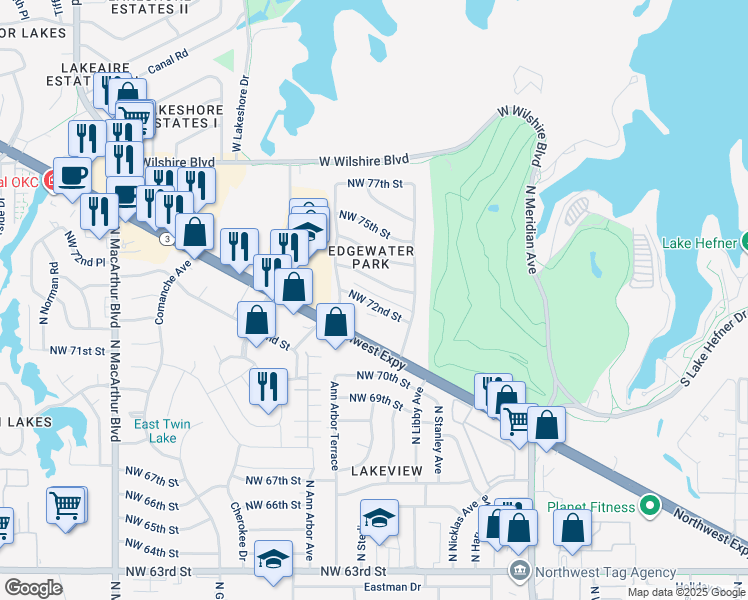 map of restaurants, bars, coffee shops, grocery stores, and more near 4737 Northwest 72nd Street in Oklahoma City