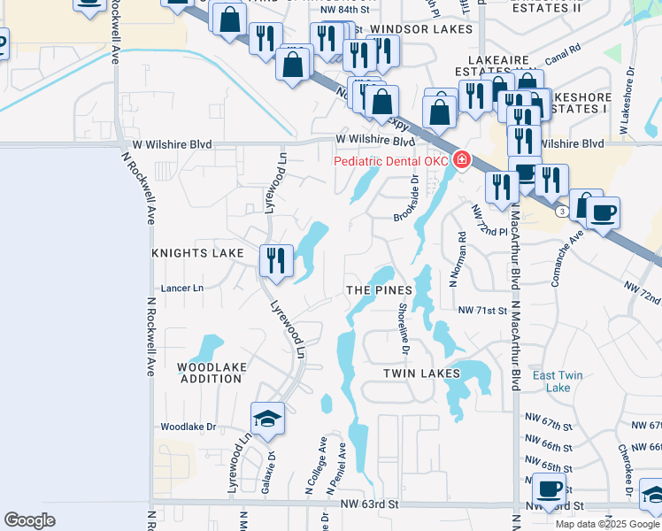 map of restaurants, bars, coffee shops, grocery stores, and more near 7321 Edenborough Drive in Oklahoma City