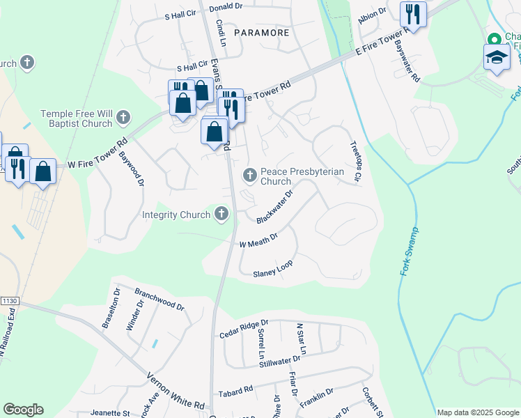 map of restaurants, bars, coffee shops, grocery stores, and more near 308 Guiness Drive in Winterville