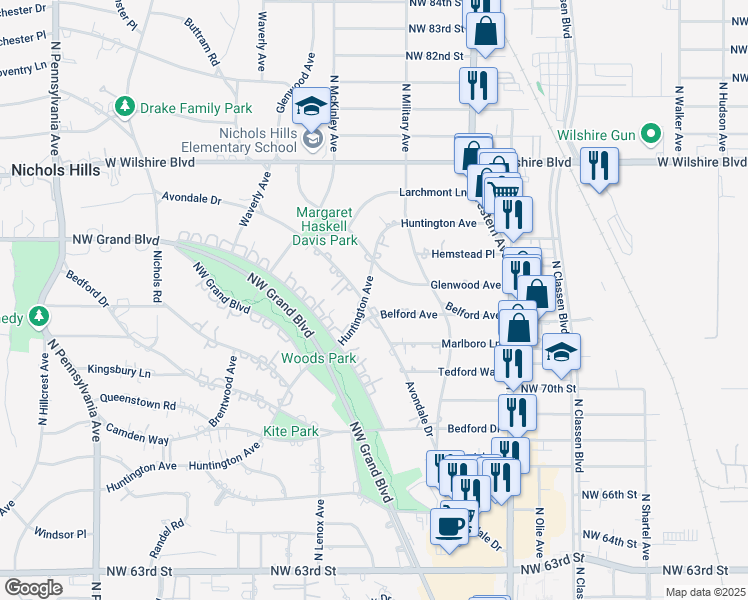 map of restaurants, bars, coffee shops, grocery stores, and more near 6700 Avondale Drive in Nichols Hills