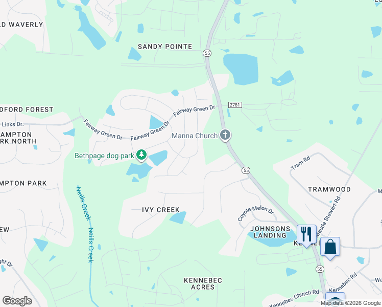 map of restaurants, bars, coffee shops, grocery stores, and more near 2192 Fox Chapel Place in Wake County