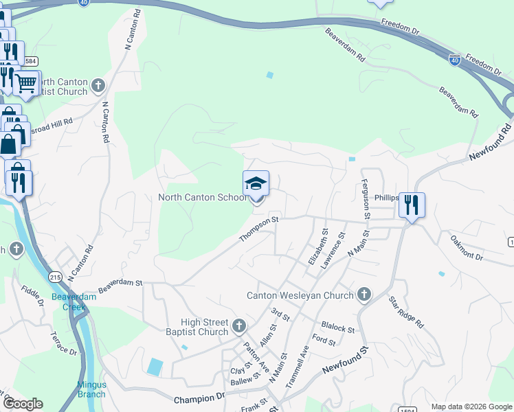 map of restaurants, bars, coffee shops, grocery stores, and more near 60 Thompson Street in Canton