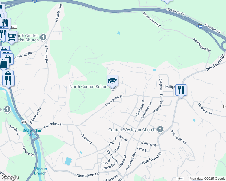 map of restaurants, bars, coffee shops, grocery stores, and more near 60 Thompson Street in Canton