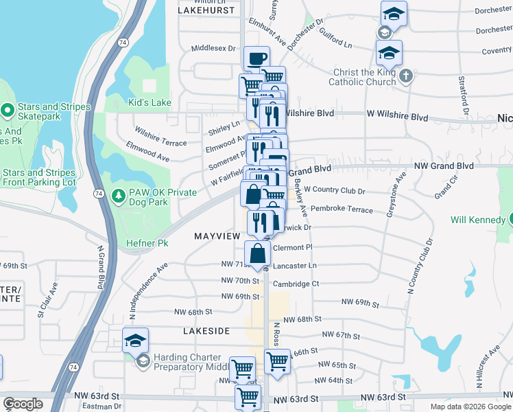 map of restaurants, bars, coffee shops, grocery stores, and more near 7525 North May Avenue in Oklahoma City