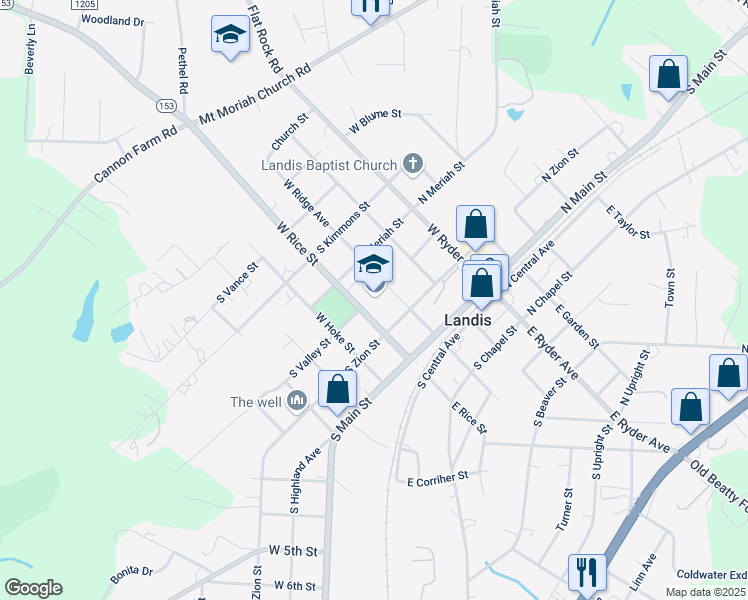 map of restaurants, bars, coffee shops, grocery stores, and more near 214 West Rice Street in Landis