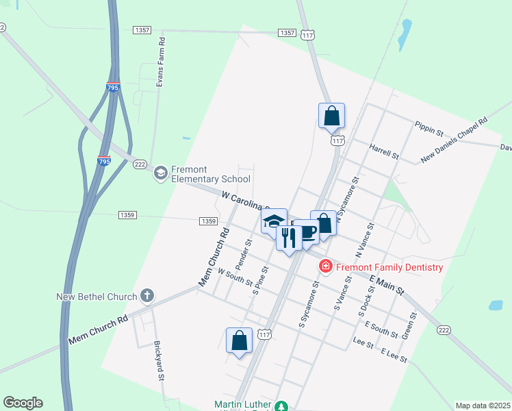 map of restaurants, bars, coffee shops, grocery stores, and more near 222 North Carolina 222 in Fremont