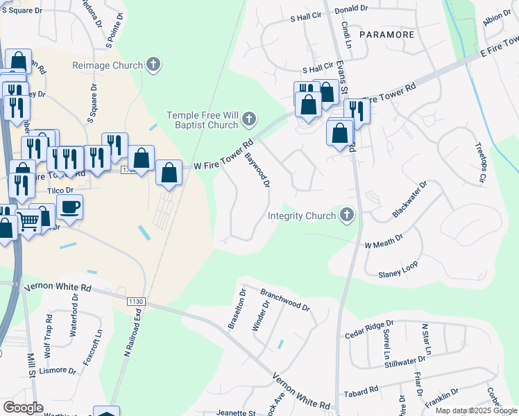 map of restaurants, bars, coffee shops, grocery stores, and more near 501 Baywood Drive in Winterville