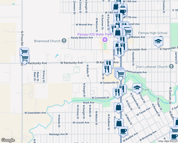 map of restaurants, bars, coffee shops, grocery stores, and more near 1200 North Wells Street in Pampa