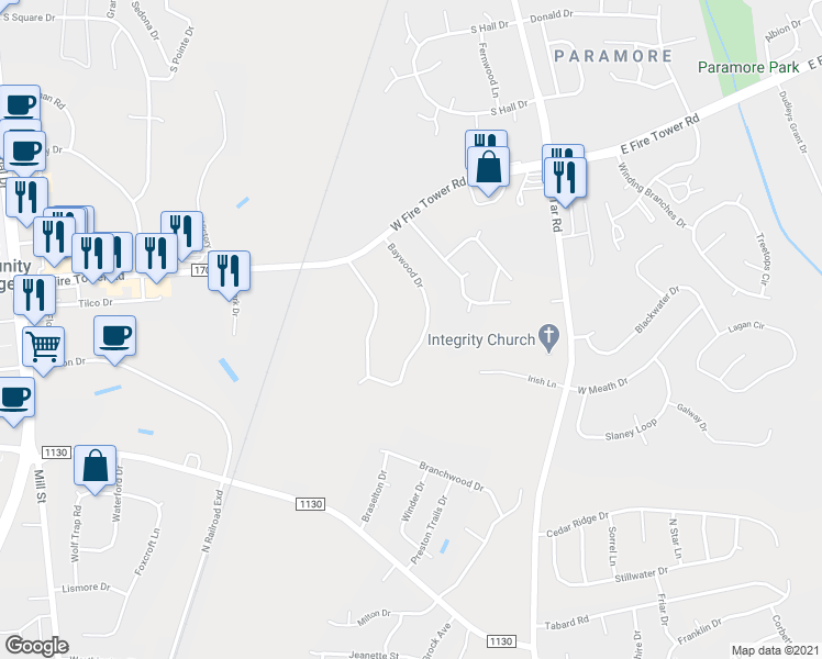 map of restaurants, bars, coffee shops, grocery stores, and more near 501 Baywood Drive in Winterville