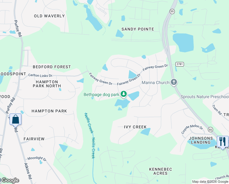 map of restaurants, bars, coffee shops, grocery stores, and more near 2128 Water Marsh Trail in Fuquay-Varina