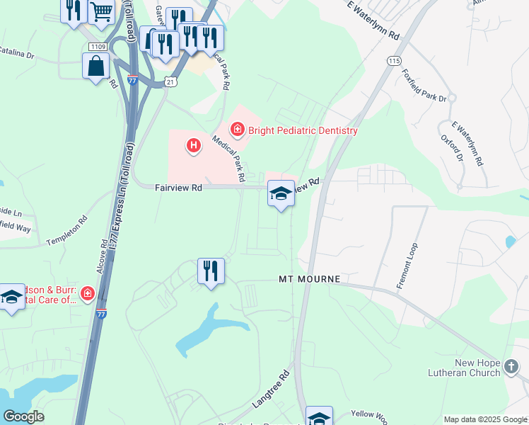 map of restaurants, bars, coffee shops, grocery stores, and more near 121 Village Green Lane in Mooresville