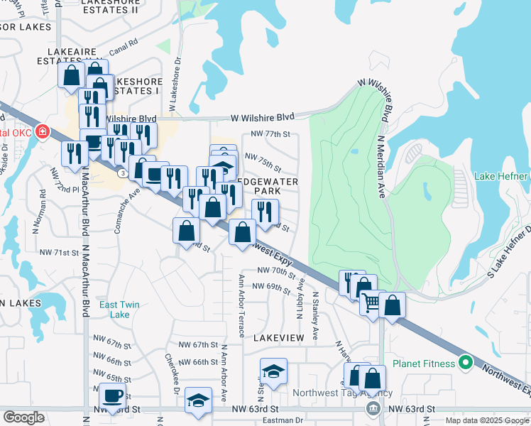 map of restaurants, bars, coffee shops, grocery stores, and more near 4805 Northwest 72nd Street in Oklahoma City