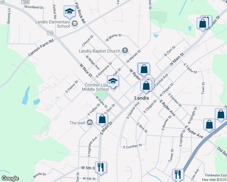 map of restaurants, bars, coffee shops, grocery stores, and more near 214 West Rice Street in Landis