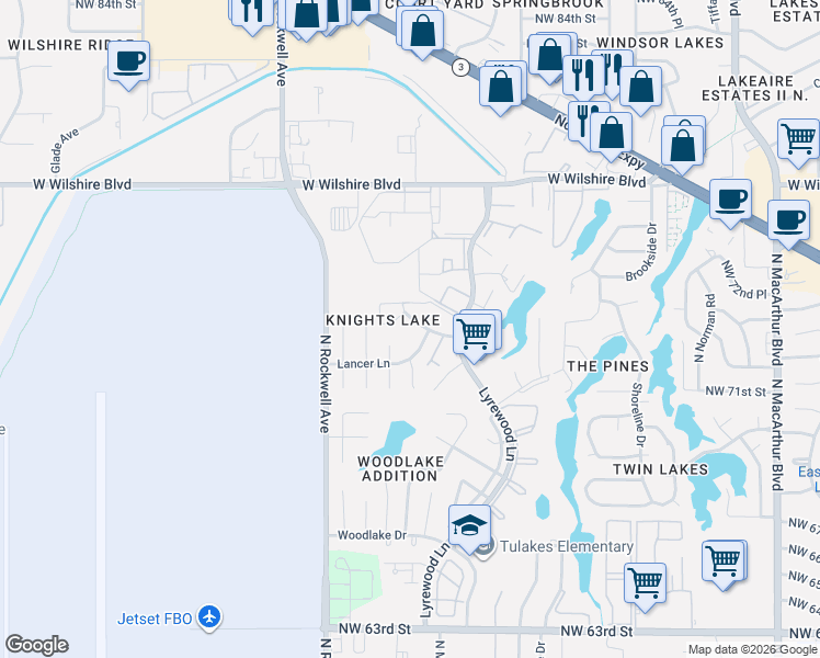 map of restaurants, bars, coffee shops, grocery stores, and more near 7513 Knight Lake Drive in Oklahoma City