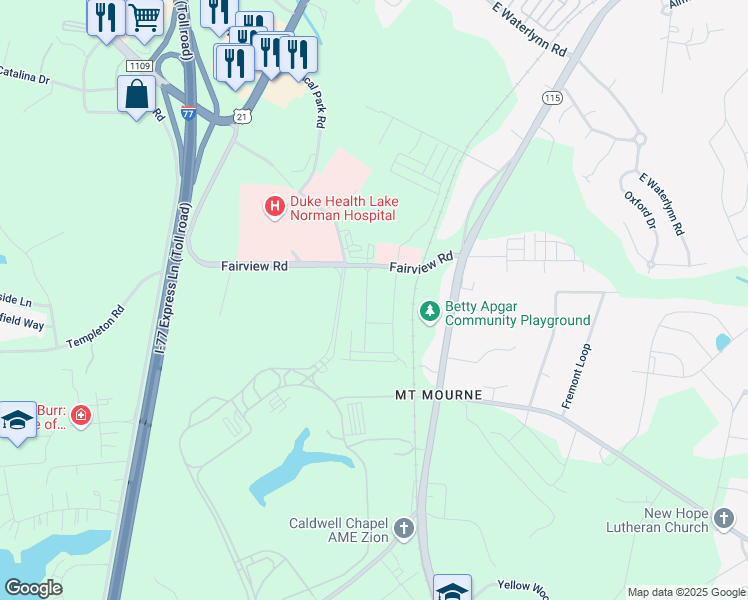 map of restaurants, bars, coffee shops, grocery stores, and more near 121 Village Green Lane in Mooresville