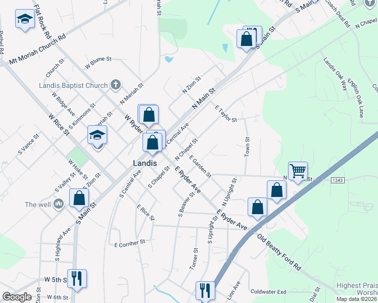 map of restaurants, bars, coffee shops, grocery stores, and more near 208 North Chapel Street in China Grove