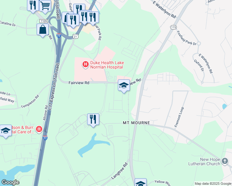 map of restaurants, bars, coffee shops, grocery stores, and more near 121 Village Green Lane in Mooresville