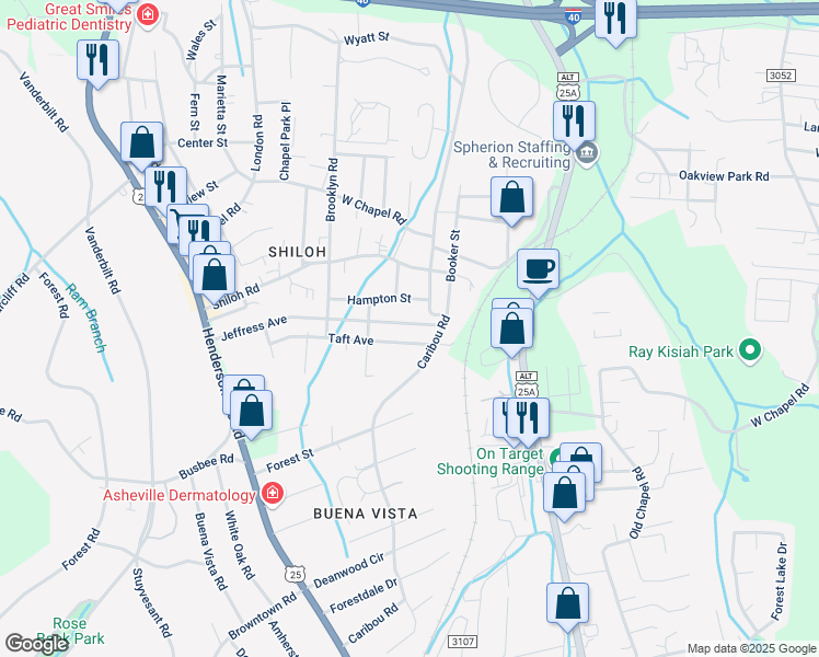 map of restaurants, bars, coffee shops, grocery stores, and more near 83 Jeffress Avenue in Asheville