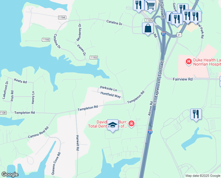 map of restaurants, bars, coffee shops, grocery stores, and more near Parkside Lane in Mooresville