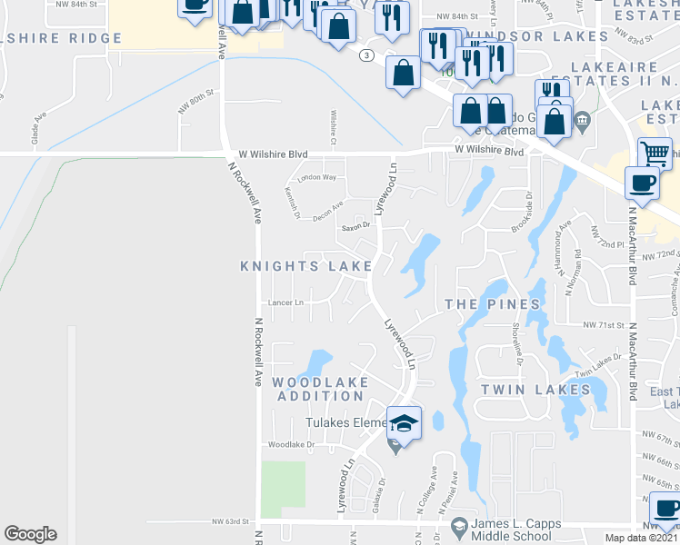 map of restaurants, bars, coffee shops, grocery stores, and more near 7512 Knight Lake Dr in Oklahoma City