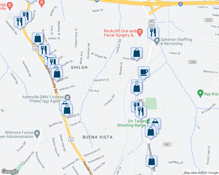 map of restaurants, bars, coffee shops, grocery stores, and more near 90 Jeffress Avenue in Asheville