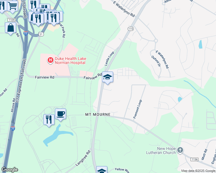 map of restaurants, bars, coffee shops, grocery stores, and more near 1431 Mecklenburg Highway in Mooresville