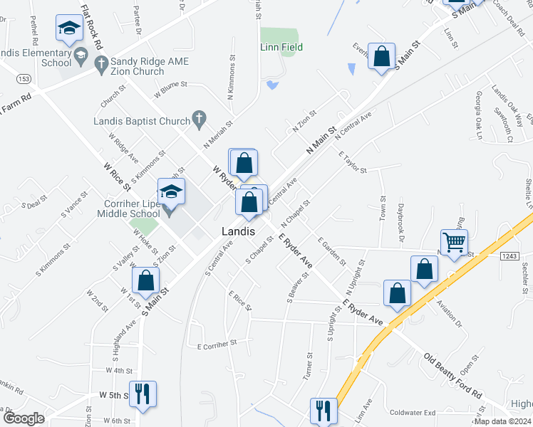 map of restaurants, bars, coffee shops, grocery stores, and more near 104 North Central Avenue in Landis