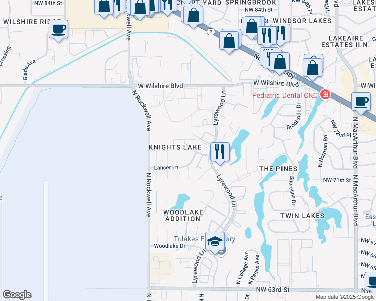map of restaurants, bars, coffee shops, grocery stores, and more near 7507 Knight Lake Drive in Oklahoma City