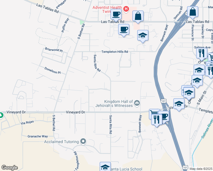 map of restaurants, bars, coffee shops, grocery stores, and more near 740 Santa Rita Road in Templeton