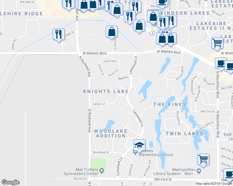 map of restaurants, bars, coffee shops, grocery stores, and more near 7523 Knight Lake Dr in Oklahoma City