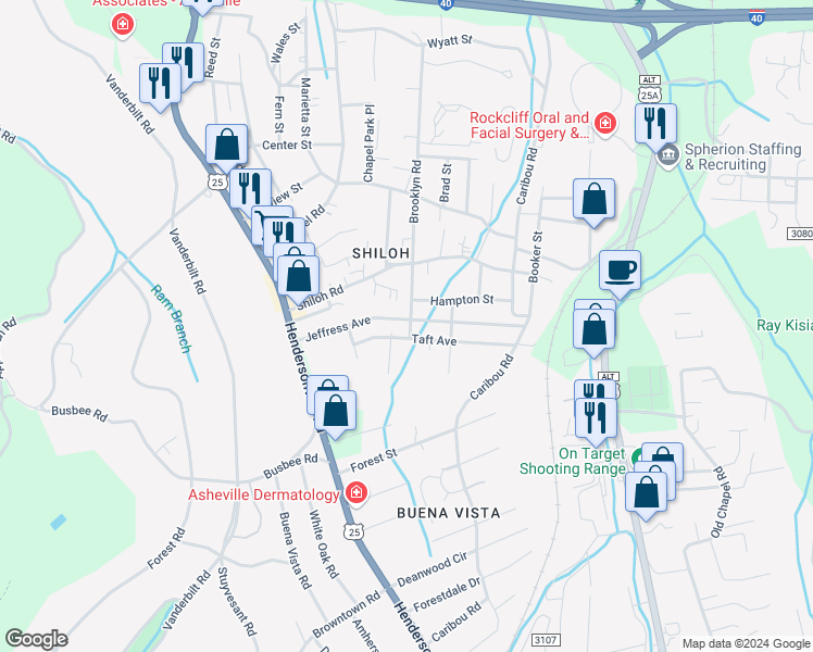 map of restaurants, bars, coffee shops, grocery stores, and more near 425 Brooklyn Road in Asheville