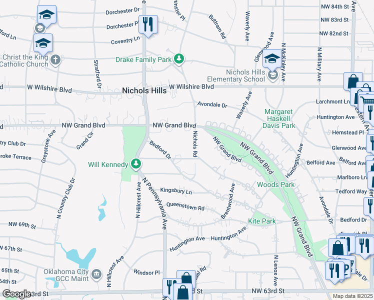 map of restaurants, bars, coffee shops, grocery stores, and more near 1701 Drury Lane in Nichols Hills