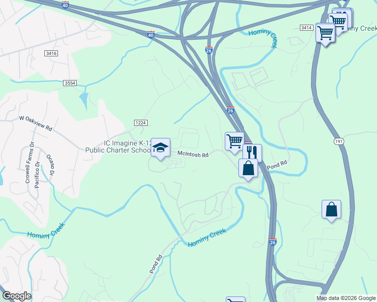 map of restaurants, bars, coffee shops, grocery stores, and more near 45 McIntosh Road in Asheville