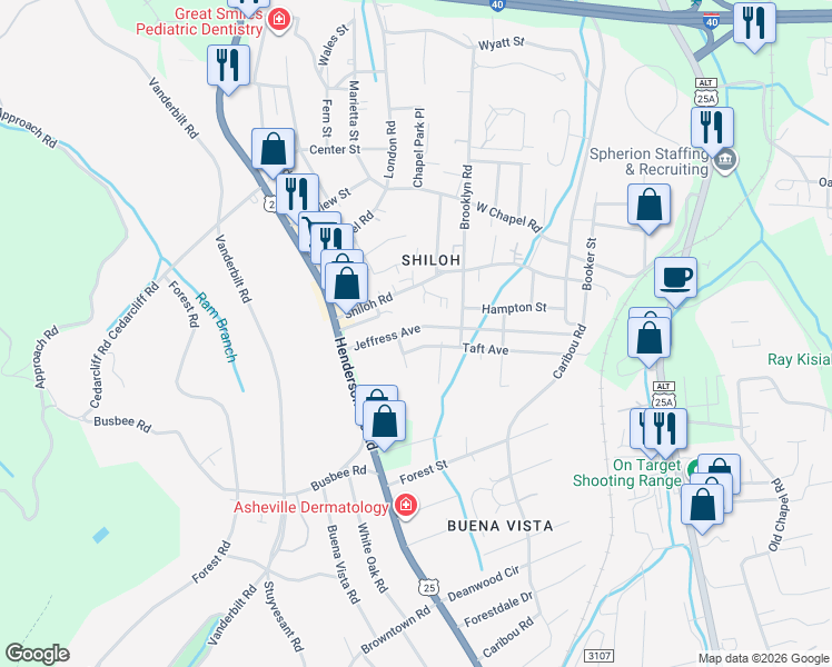 map of restaurants, bars, coffee shops, grocery stores, and more near 33 Jeffress Avenue in Asheville