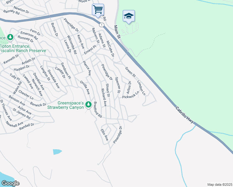 map of restaurants, bars, coffee shops, grocery stores, and more near Spencer Street in Cambria
